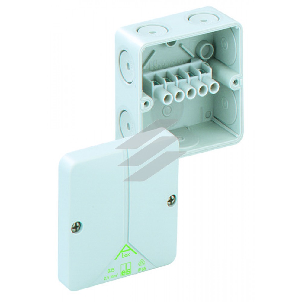 Розподільча коробка Abox 025-2,5² (80x80x52), клема 5пол.х2,5мм²  ( 4х1,5²/4х2,5² на кожний пол.), полістирол, метрич. введеня-8 місць (7-М20, 1-М20 на днищі), IP65 Spelsberg